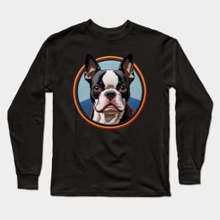 Boston Terrier Embroidered Patch Long Sleeve T-Shirt